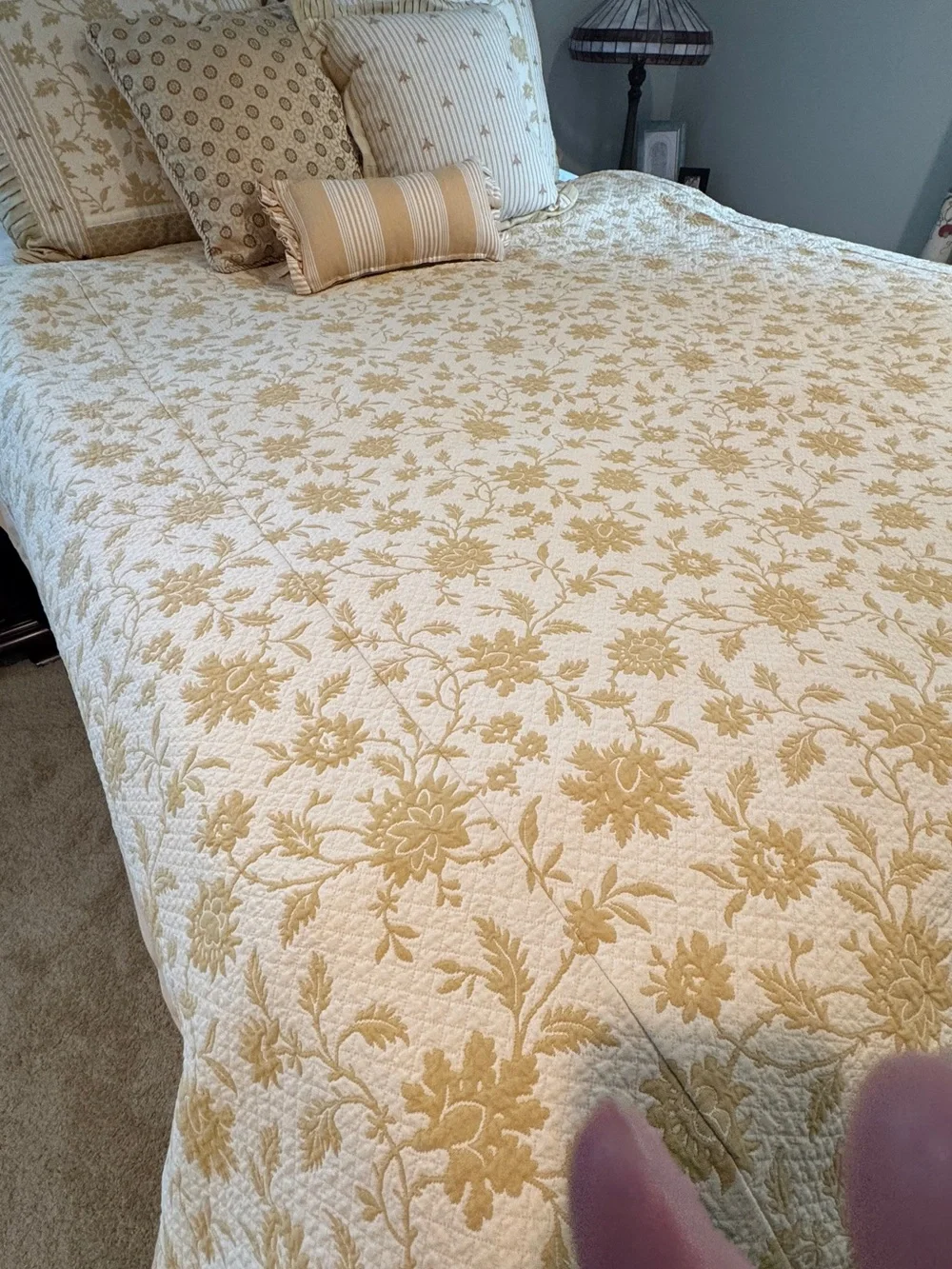 Ethan Allen Cream and Gold Floral Quilted Duvet Cover, Throw Pillows & Bedskirt